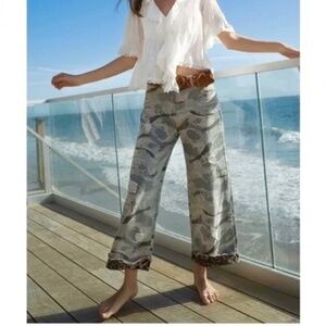 𝅺POL Wide Leg Grey Camouflage Jeans with Leopard Trim Cropped Artsy Bohemian